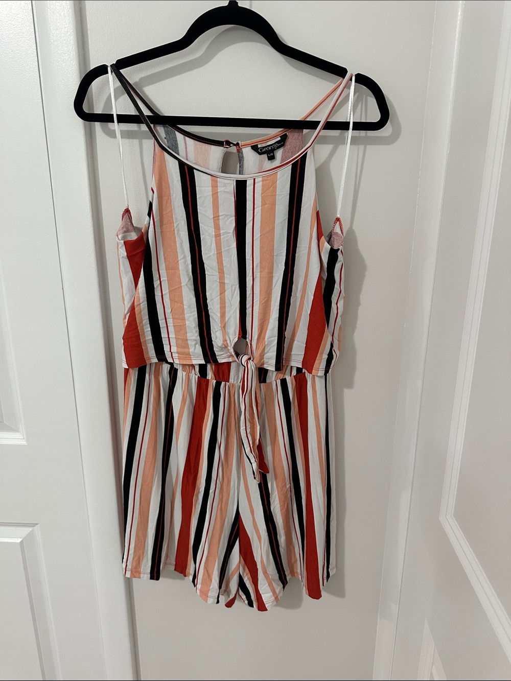 George Striped Romper in White, Red, Black & Peach